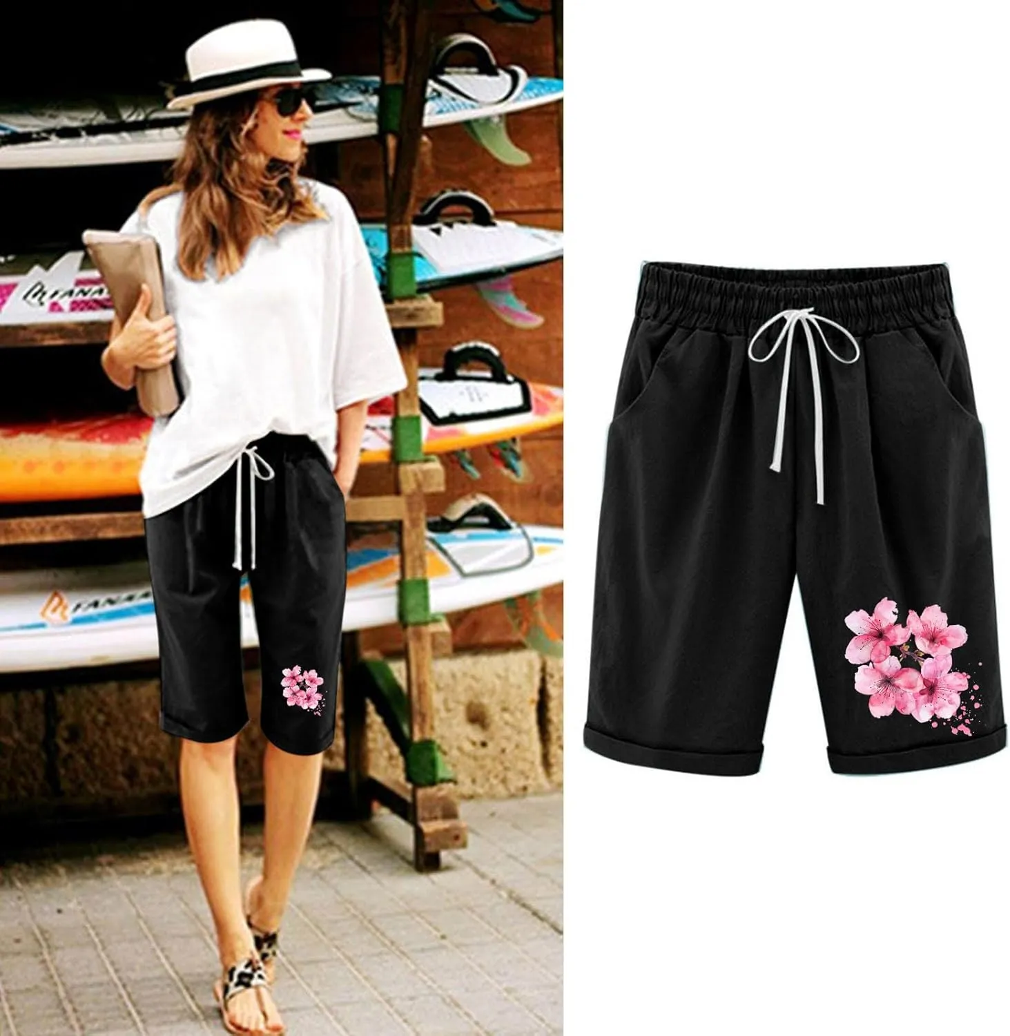 Womens Capris for Summer Cotton Linen Pants High Waistd Drawstring Linen Casual Loose Casual Trouser with Pockets
