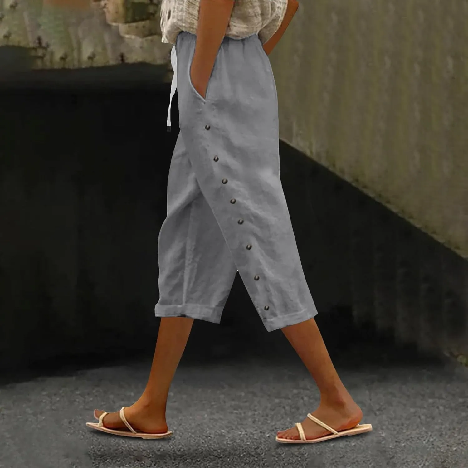 Womens Casual Linen High Waist Pants Elastic Seven Pants Beach Casual Cotton Linen Casual Summer 2025 Straight Wide Leg