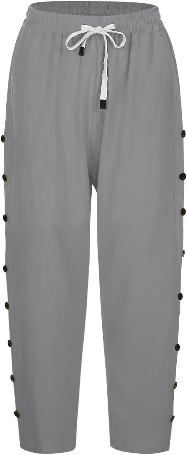 Womens Casual Linen High Waist Pants Elastic Seven Pants Beach Casual Cotton Linen Casual Summer 2025 Straight Wide Leg