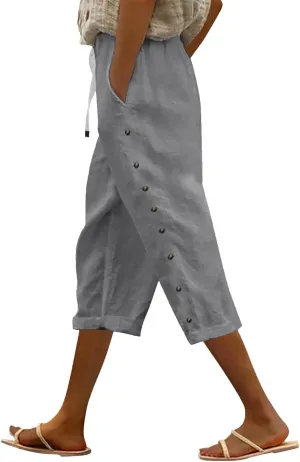 Womens Casual Linen High Waist Pants Elastic Seven Pants Beach Casual Cotton Linen Casual Summer 2025 Straight Wide Leg