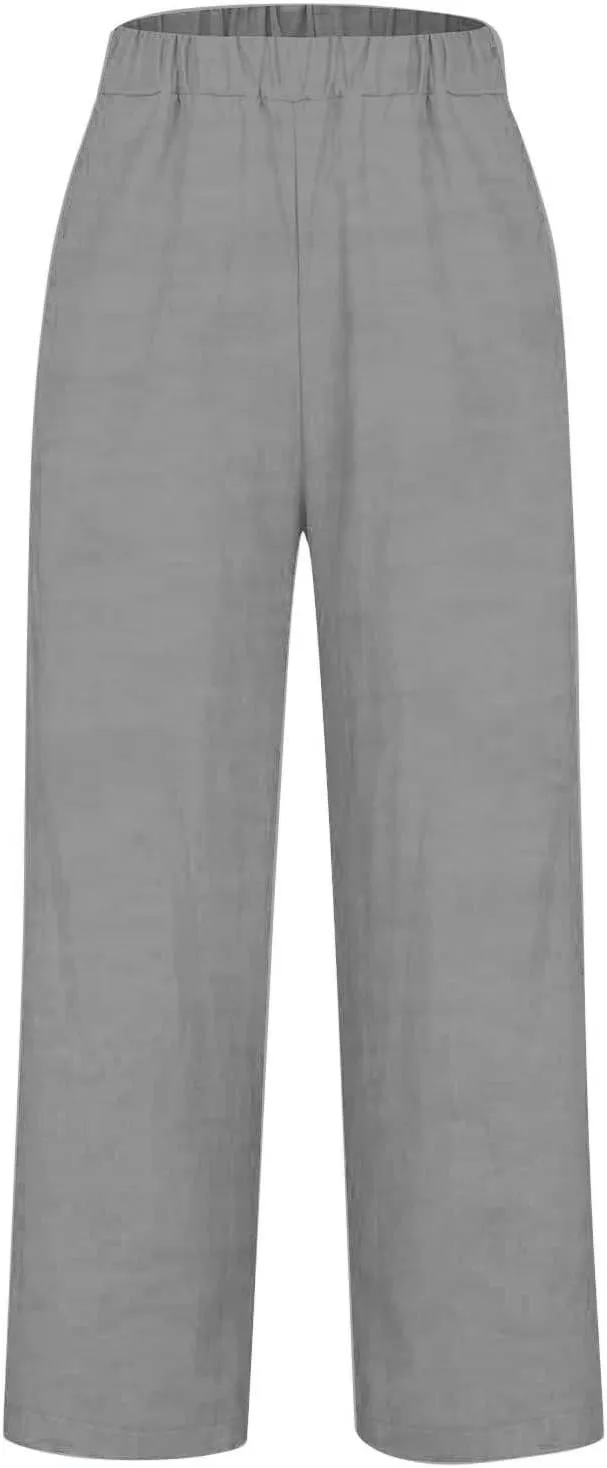 Womens Cotton Linen Buttons Waist Pant Casual Straight Leg Long Trousers Summer Lightweight Loose Pants