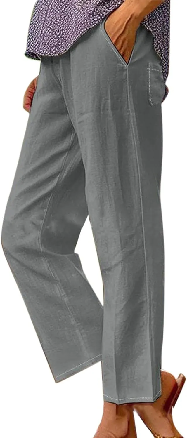 Womens Cotton Linen Buttons Waist Pant Casual Straight Leg Long Trousers Summer Lightweight Loose Pants