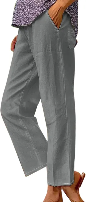 Womens Cotton Linen Buttons Waist Pant Casual Straight Leg Long Trousers Summer Lightweight Loose Pants
