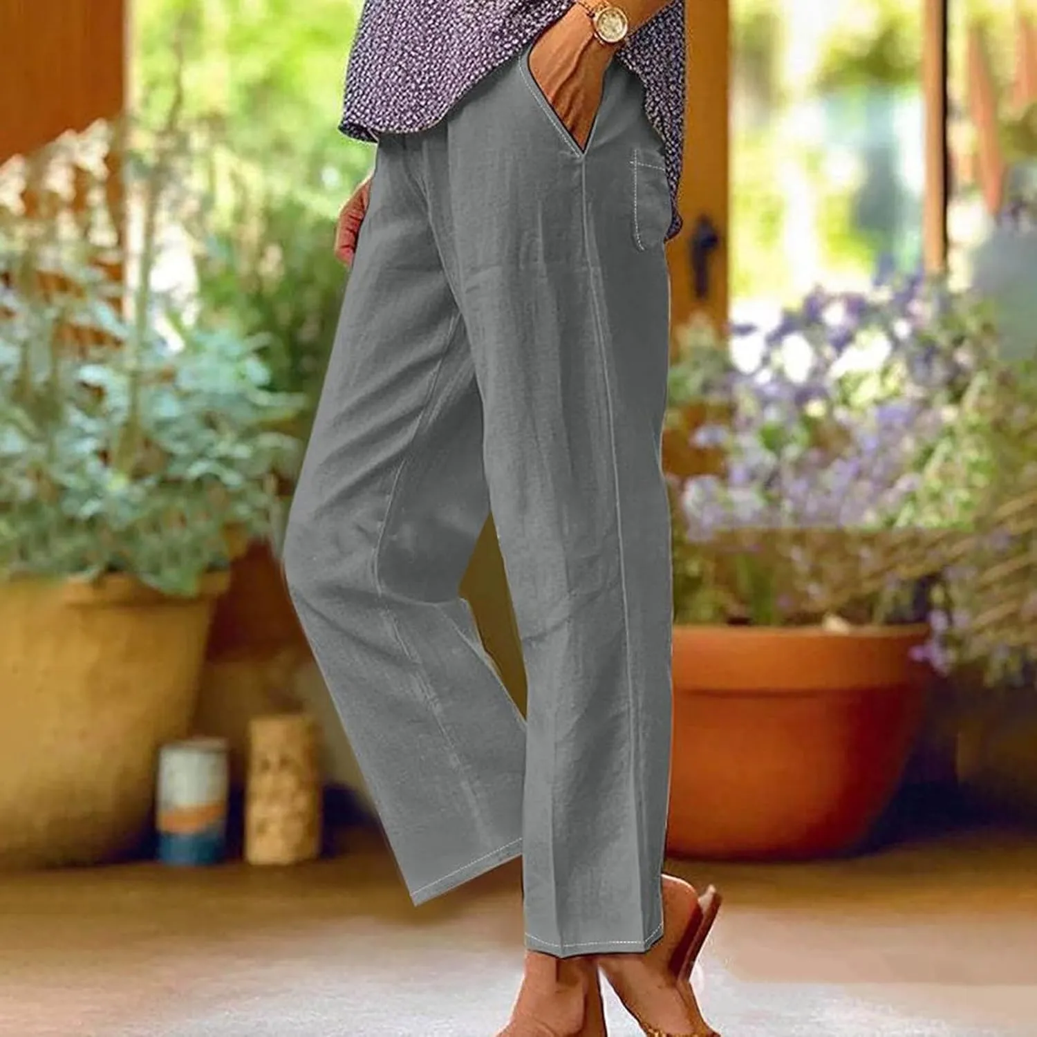 Womens Cotton Linen Buttons Waist Pant Casual Straight Leg Long Trousers Summer Lightweight Loose Pants