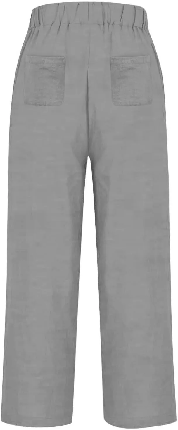 Womens Cotton Linen Buttons Waist Pant Casual Straight Leg Long Trousers Summer Lightweight Loose Pants