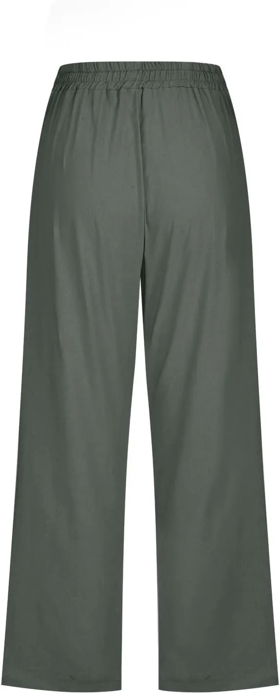 Womens Cotton Linen Pants Straight Leg Capris with Pockets 2025 Summer Pants Casual Lounge Loose Fit Soft Trousers