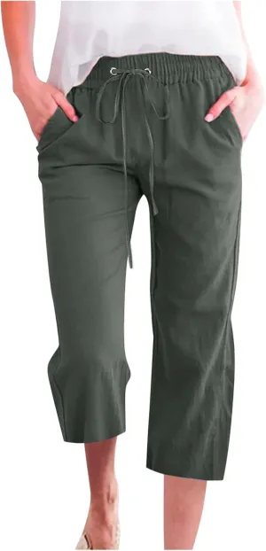 Womens Cotton Linen Pants Straight Leg Capris with Pockets 2025 Summer Pants Casual Lounge Loose Fit Soft Trousers