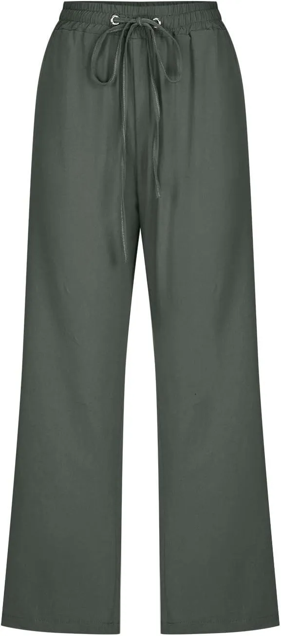 Womens Cotton Linen Pants Straight Leg Capris with Pockets 2025 Summer Pants Casual Lounge Loose Fit Soft Trousers