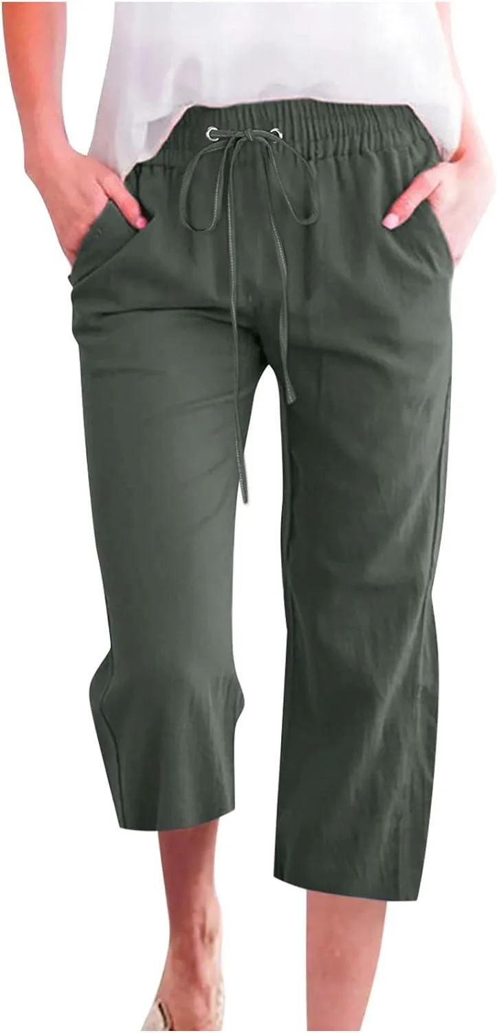 Womens Cotton Linen Pants Straight Leg Capris with Pockets 2025 Summer Pants Casual Lounge Loose Fit Soft Trousers