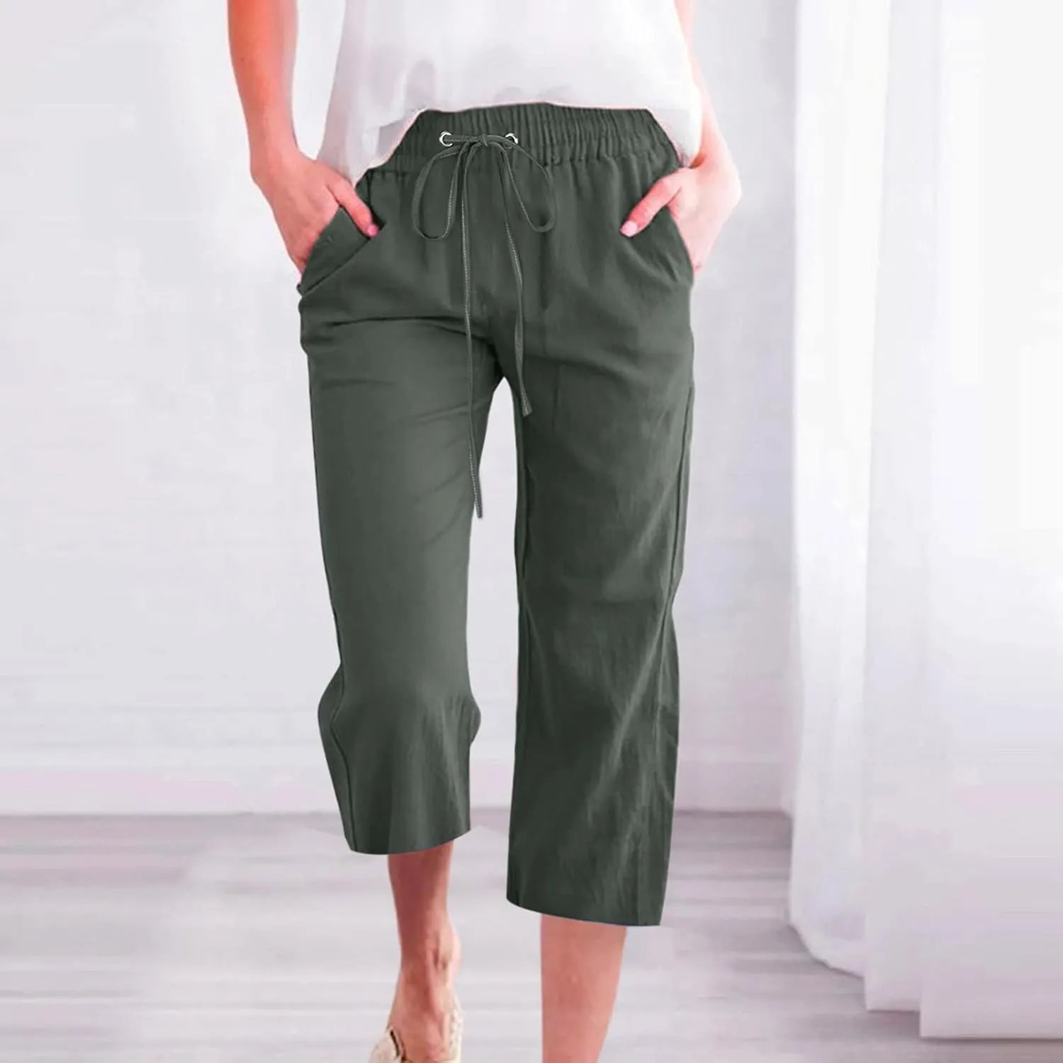 Womens Cotton Linen Pants Straight Leg Capris with Pockets 2025 Summer Pants Casual Lounge Loose Fit Soft Trousers