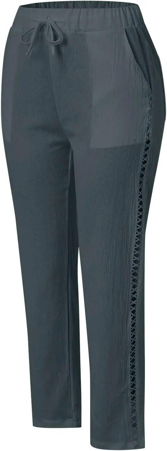 Womens Cotton Linen Straight Pants Elastic Drawstring Casual Trousers Lightweight Comfy Lounge Pant with Pokets for Summer