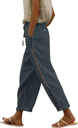 Womens Cotton Linen Straight Pants Elastic Drawstring Casual Trousers Lightweight Comfy Lounge Pant with Pokets for Summer