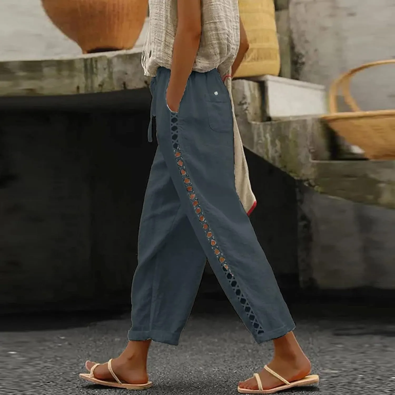 Womens Cotton Linen Straight Pants Elastic Drawstring Casual Trousers Lightweight Comfy Lounge Pant with Pokets for Summer
