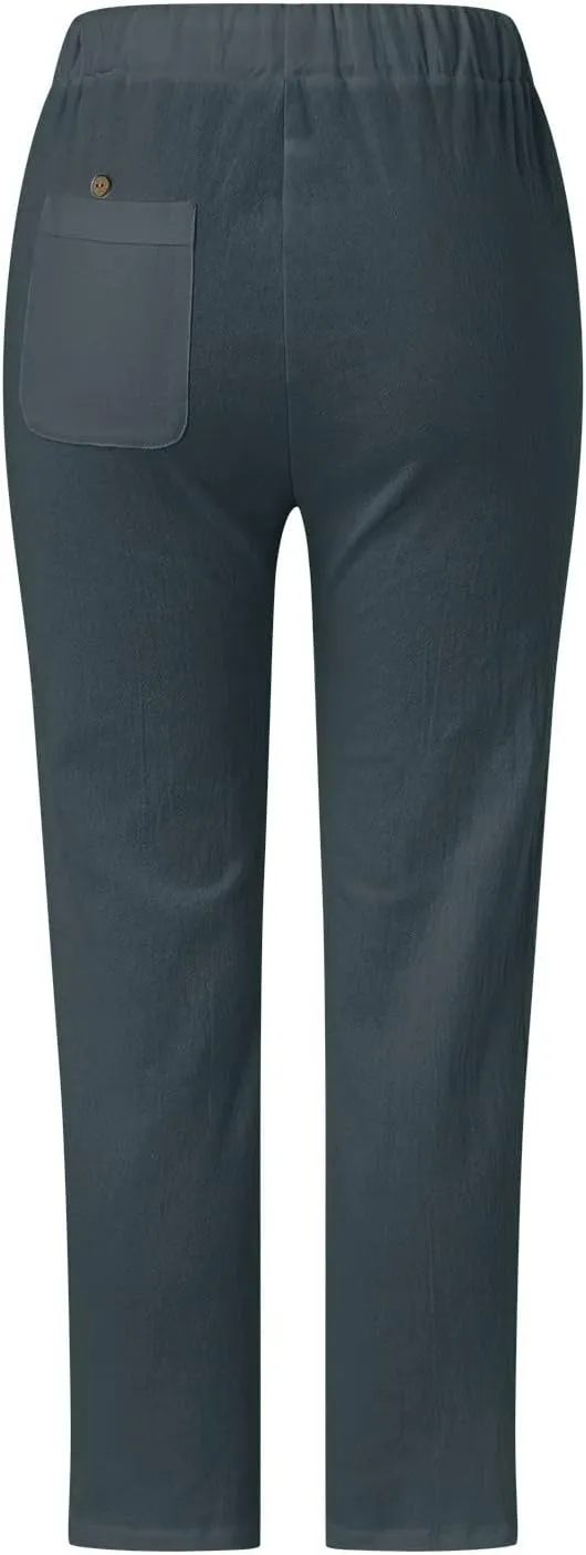 Womens Cotton Linen Straight Pants Elastic Drawstring Casual Trousers Lightweight Comfy Lounge Pant with Pokets for Summer