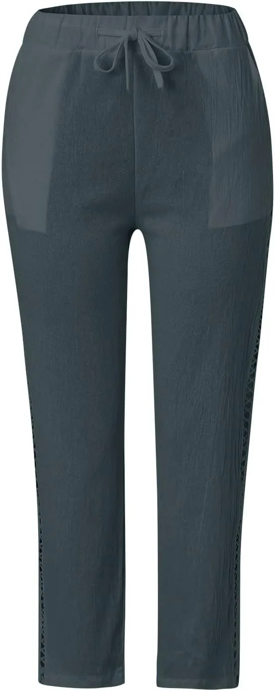Womens Cotton Linen Straight Pants Elastic Drawstring Casual Trousers Lightweight Comfy Lounge Pant with Pokets for Summer