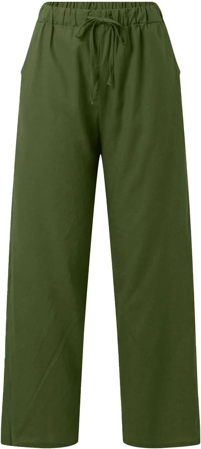 Women's Cotton Linen Trousers Casual Fashionable High-Waisted Drawstring Pants Straight Loose Pant for Joggers Outdoor