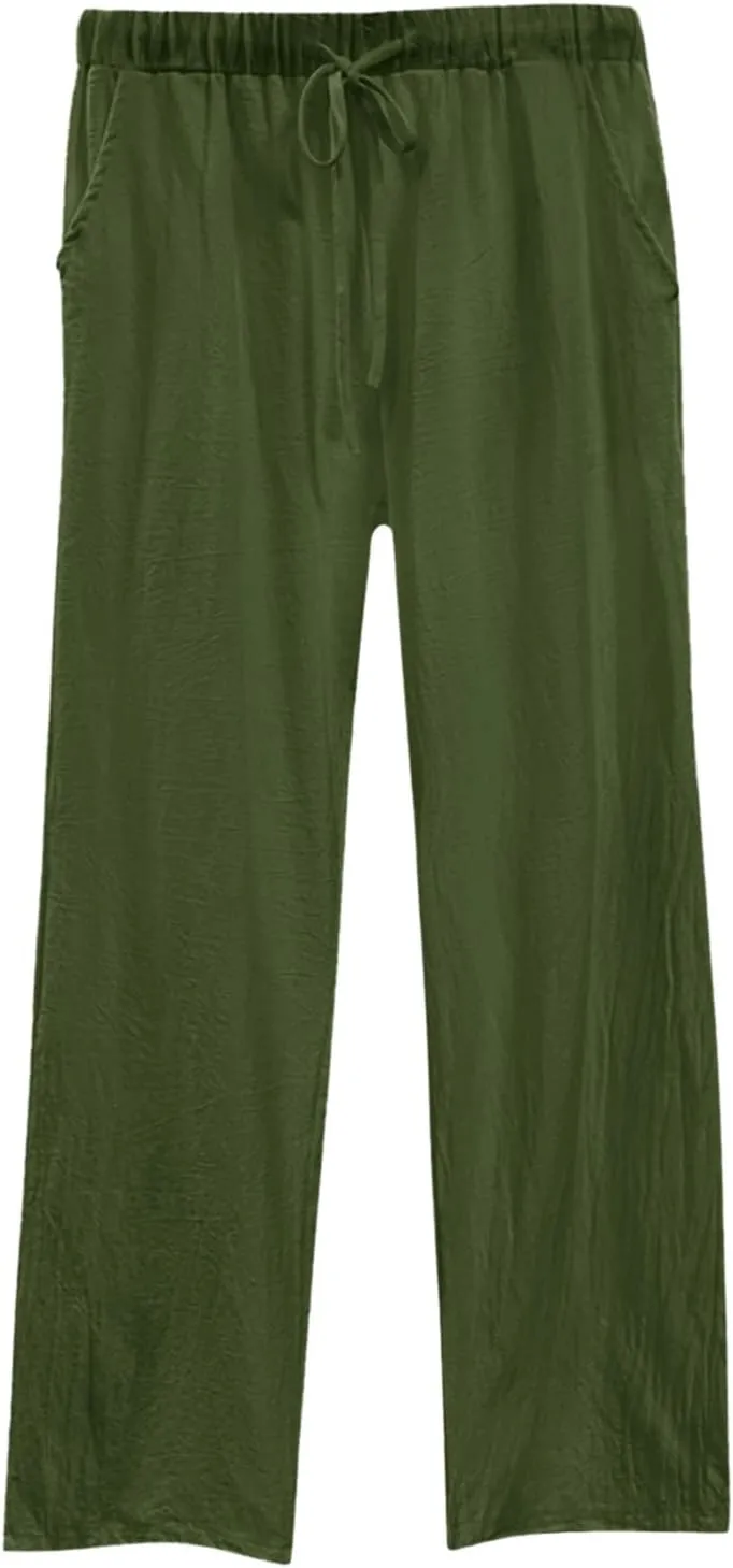 Women's Cotton Linen Trousers Casual Fashionable High-Waisted Drawstring Pants Straight Loose Pant for Joggers Outdoor
