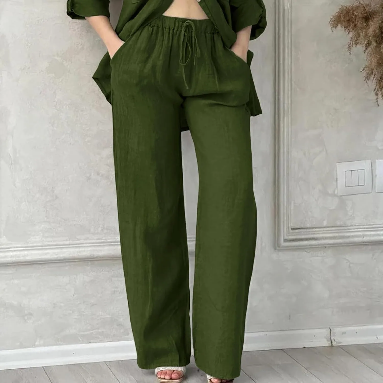 Women's Cotton Linen Trousers Casual Fashionable High-Waisted Drawstring Pants Straight Loose Pant for Joggers Outdoor