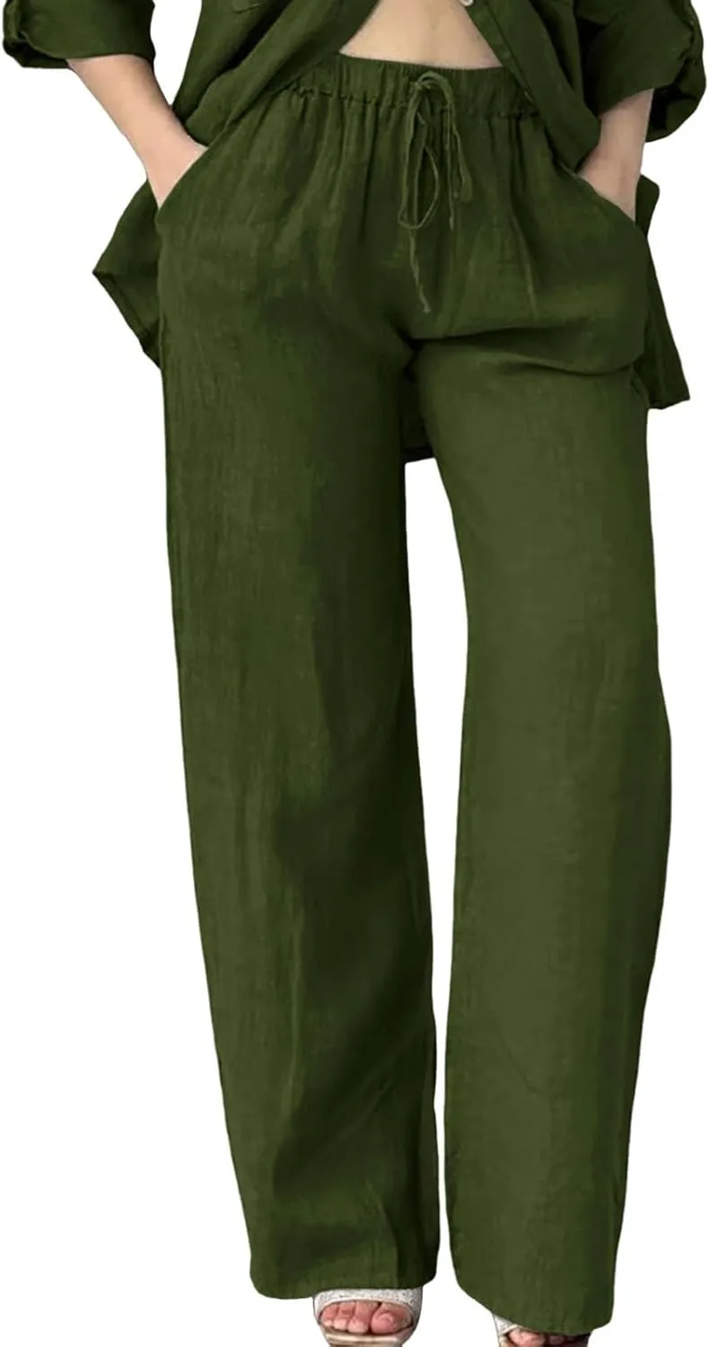 Women's Cotton Linen Trousers Casual Fashionable High-Waisted Drawstring Pants Straight Loose Pant for Joggers Outdoor