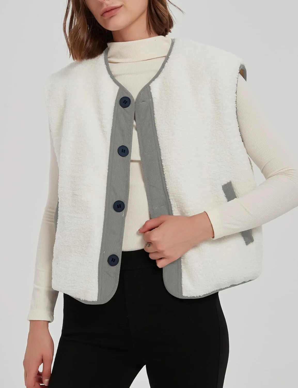 Women's Fall Quilted Puffer Vest Sleeveless Winter Reversible Sherpa Fleece Jacket Outwear with Pockets