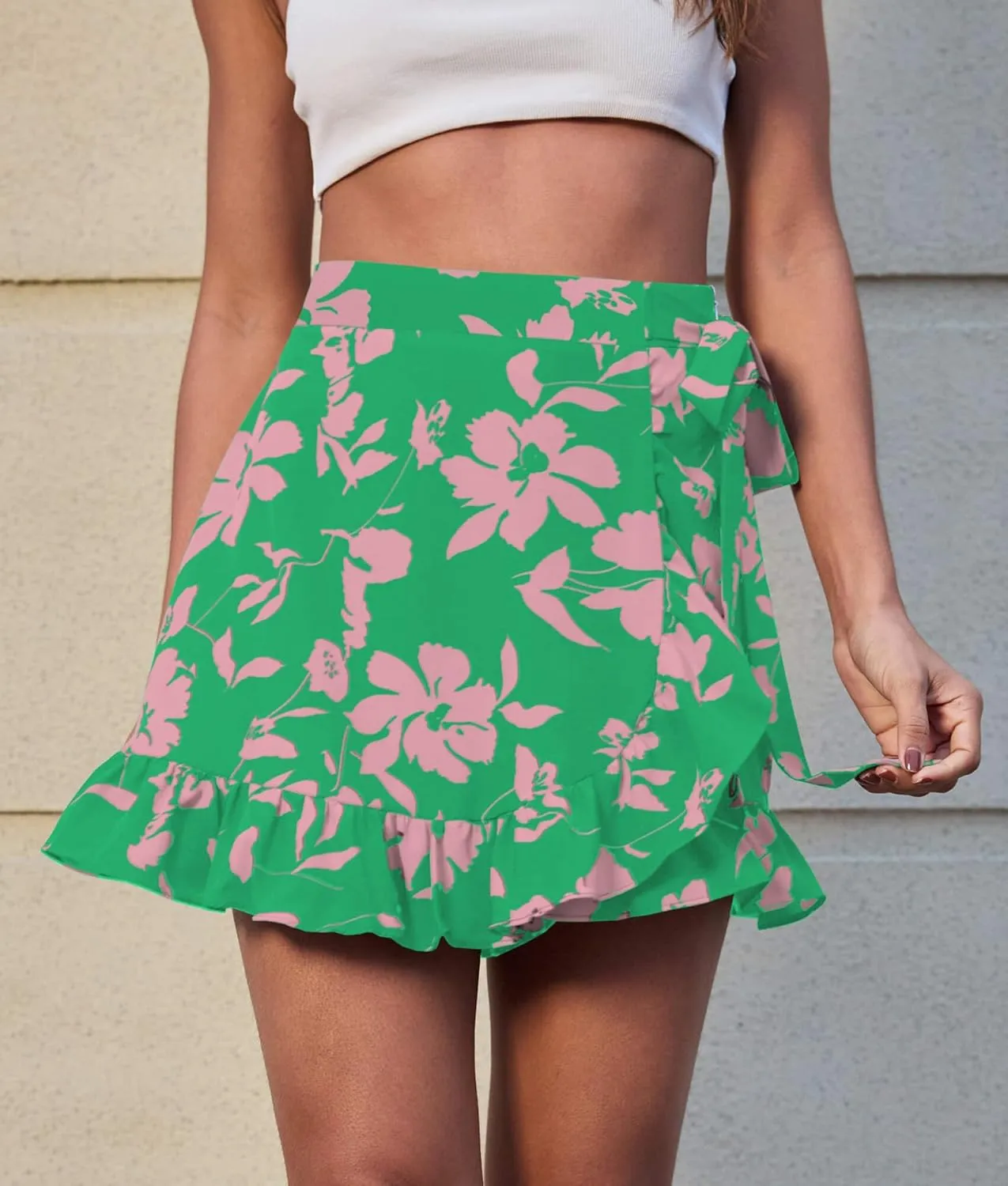Women's Floral Ruffle Hem Wrap Shorts Casual Summer Elastic Waist Tie Front Zip Up Skirts Skorts 2025