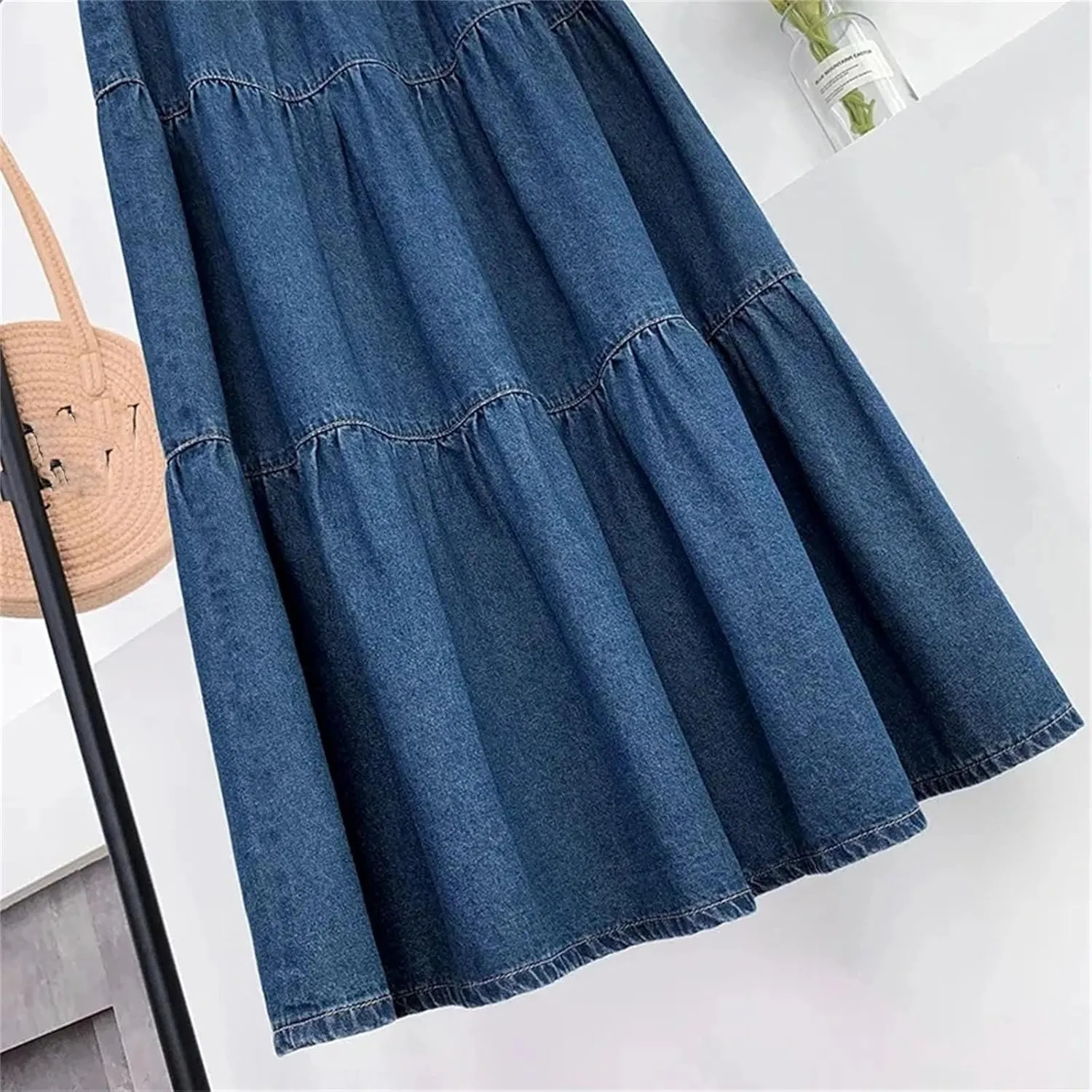 Women's High Waisted A-Line Denim Skirt Loose Long Fluffy Umbrella Jeans Skirt