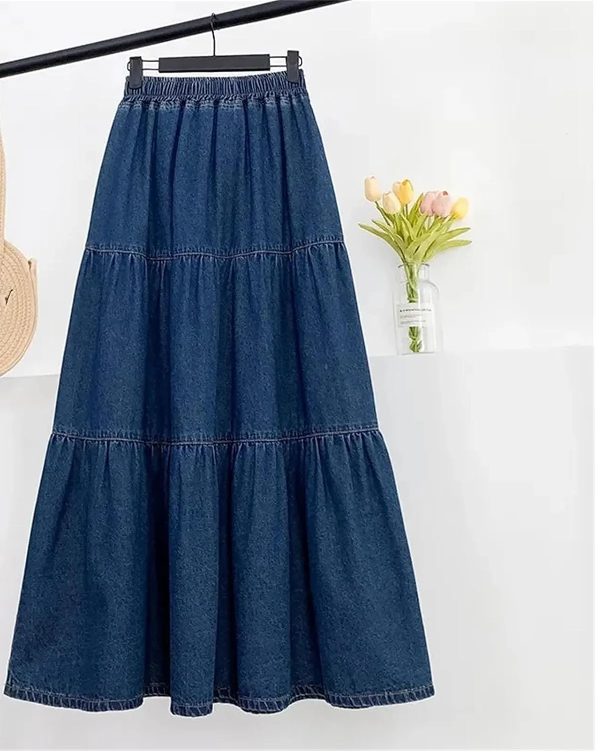 Women's High Waisted A-Line Denim Skirt Loose Long Fluffy Umbrella Jeans Skirt