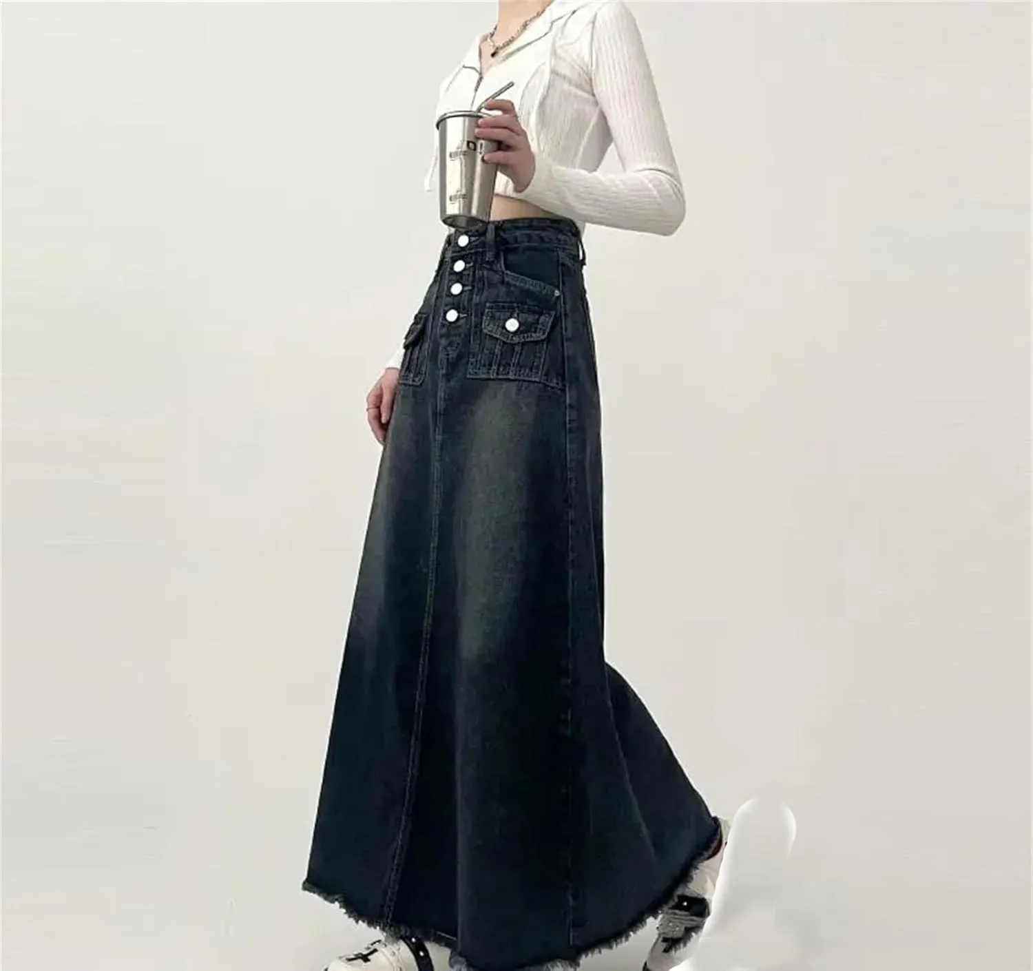 Women's High-Waisted Long Cargo Denim Skirt A-Line Vintage Raw Edge Mid-Length Jeans Skirts