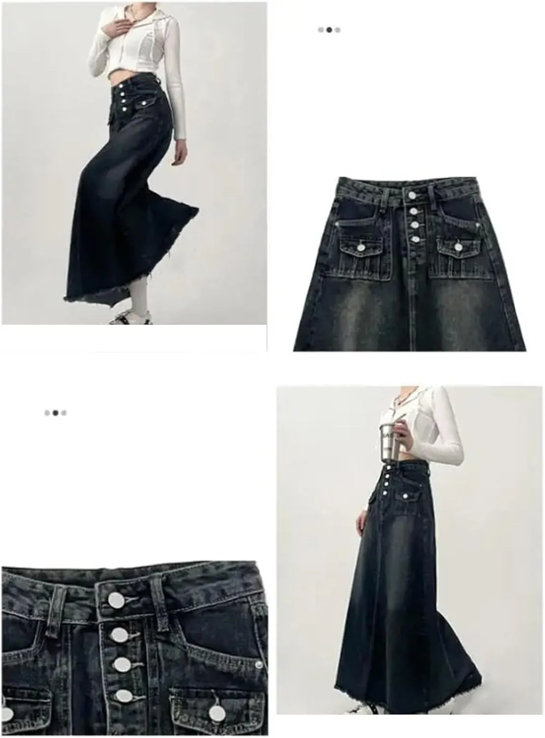 Women's High-Waisted Long Cargo Denim Skirt A-Line Vintage Raw Edge Mid-Length Jeans Skirts
