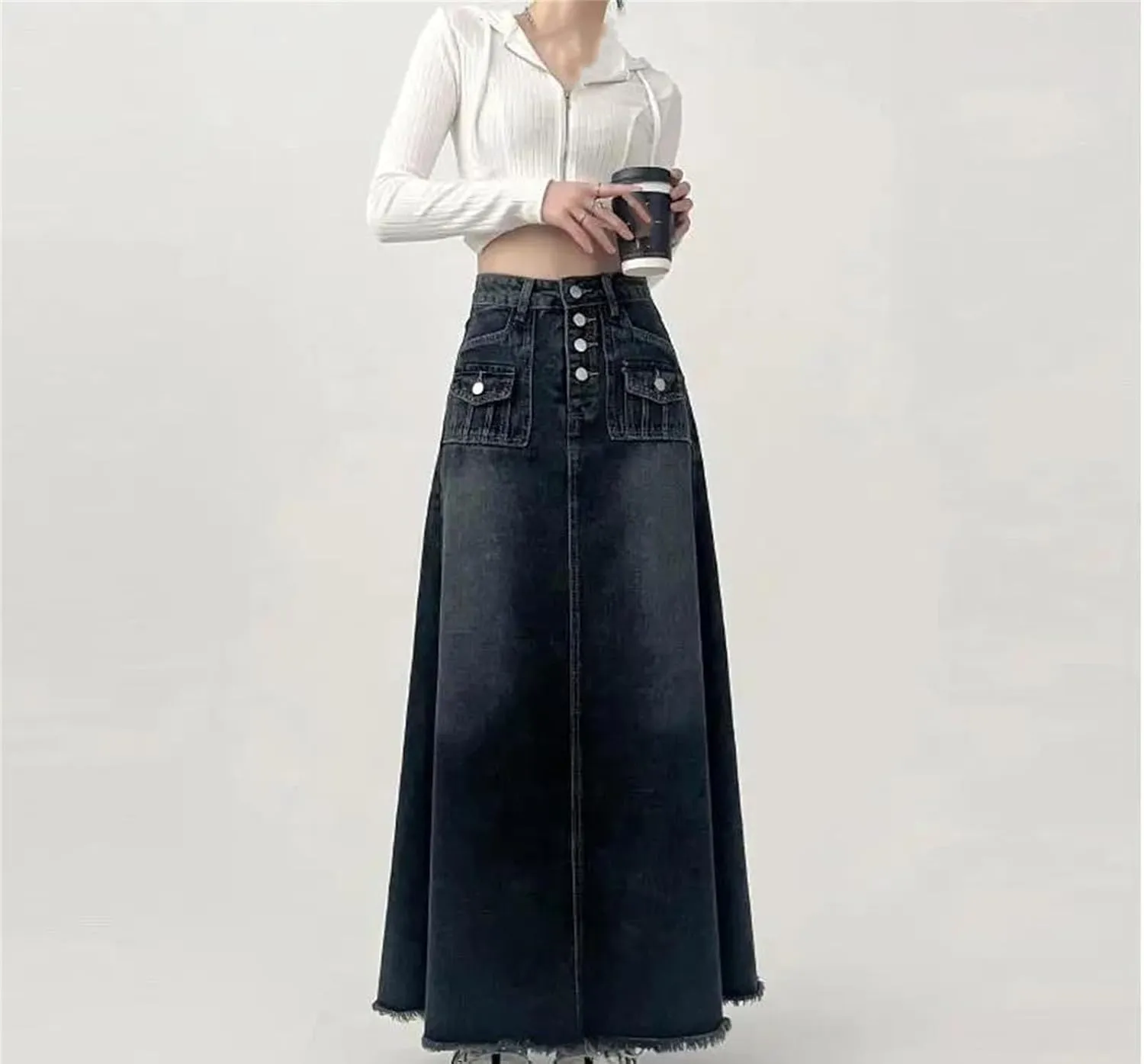 Women's High-Waisted Long Cargo Denim Skirt A-Line Vintage Raw Edge Mid-Length Jeans Skirts