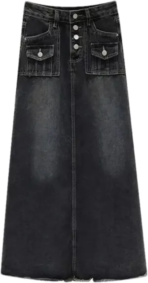 Women's High-Waisted Long Cargo Denim Skirt A-Line Vintage Raw Edge Mid-Length Jeans Skirts