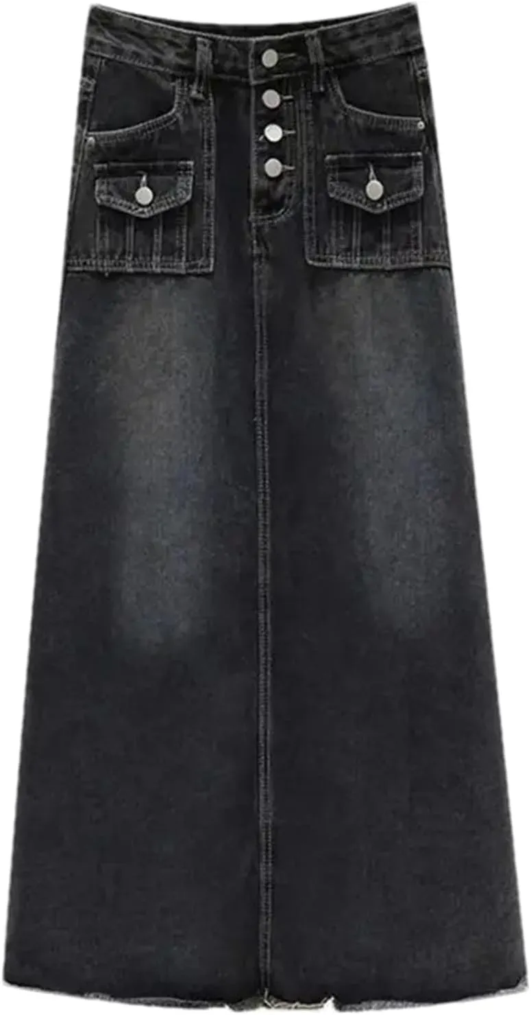Women's High-Waisted Long Cargo Denim Skirt A-Line Vintage Raw Edge Mid-Length Jeans Skirts