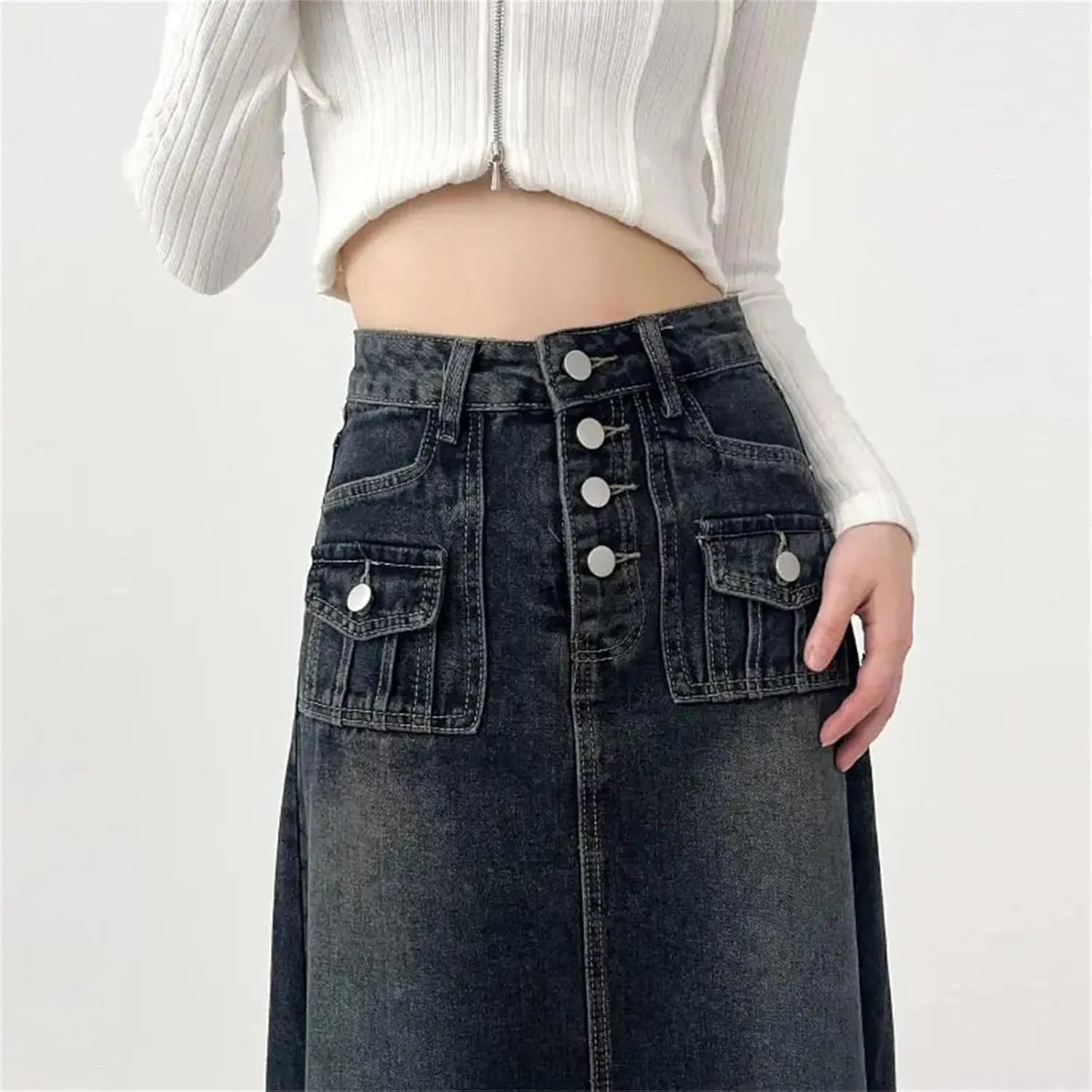 Women's High-Waisted Long Cargo Denim Skirt A-Line Vintage Raw Edge Mid-Length Jeans Skirts
