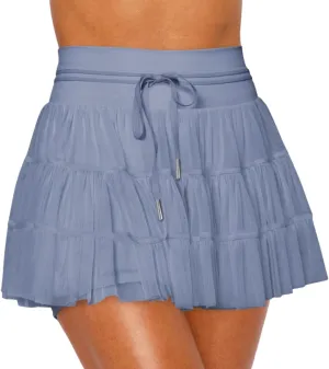 Women's High Waisted Ruffled Tennis Skirt Pleated Mesh Layered Tulle Flowy Skirt