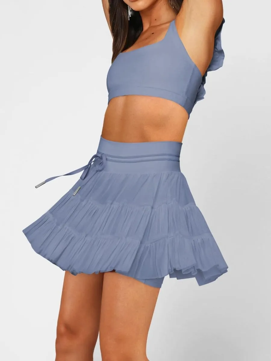Women's High Waisted Ruffled Tennis Skirt Pleated Mesh Layered Tulle Flowy Skirt