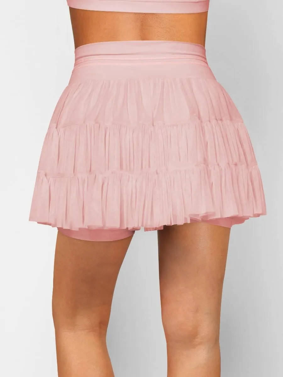 Women's High Waisted Ruffled Tennis Skirt Pleated Mesh Layered Tulle Flowy Skirt