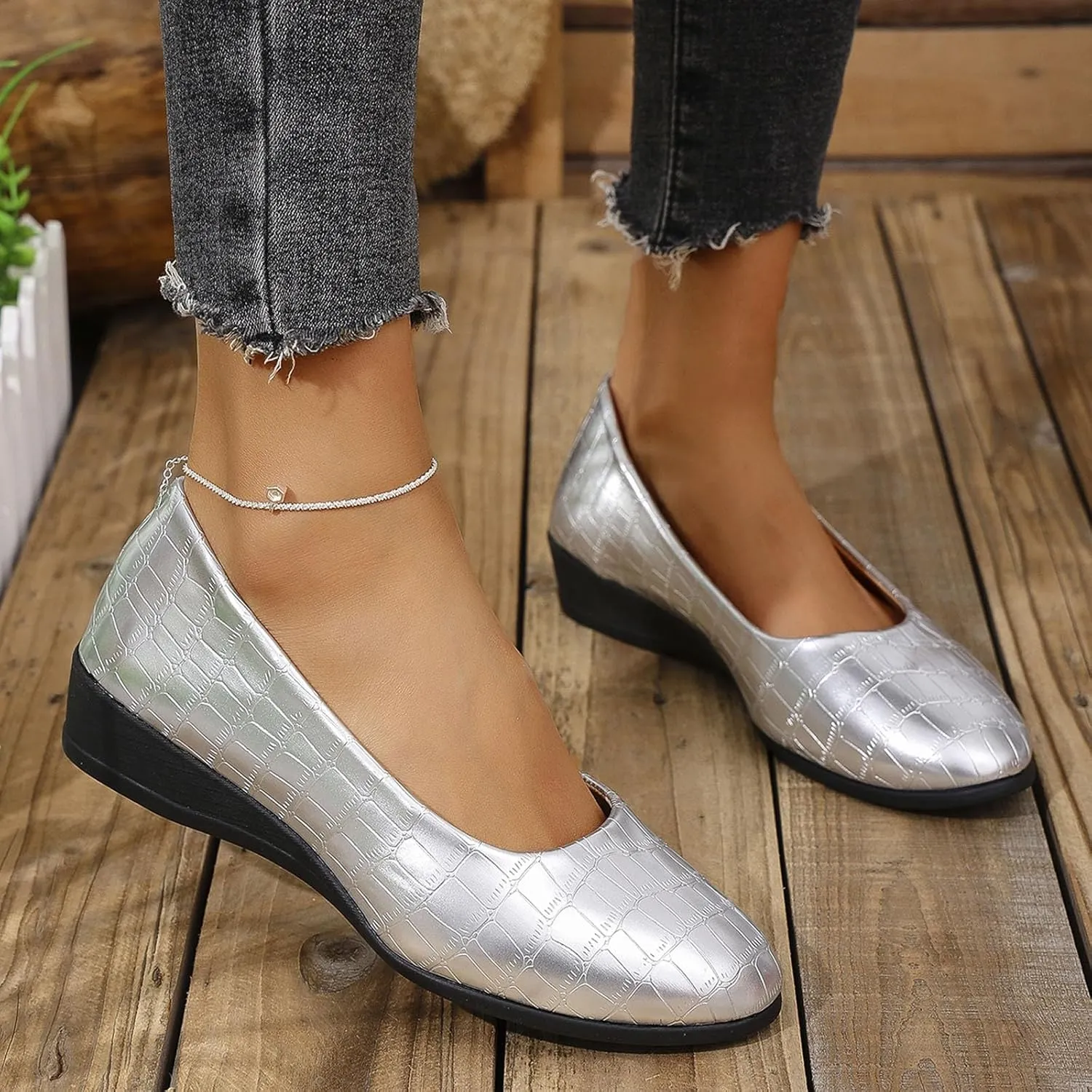 Women's Leather Closed Toe 2 Inch Mid Wedges Heels with Arch Support Round Toe Comfortable Dress for Sneaker Casual Shoe