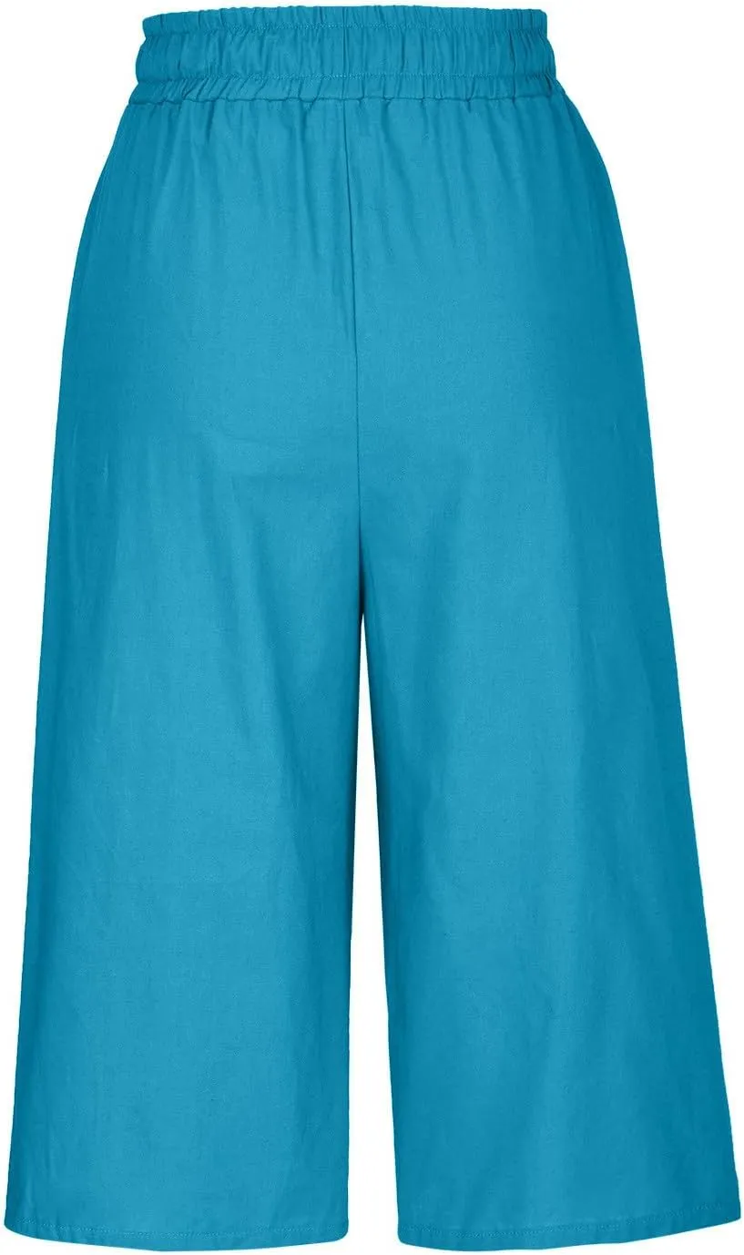 Women's Linen Capris Drawstring Knee High Loose Fitting Cropped Trouser Straight Wide Leg Pocketed Pant Casual 2025