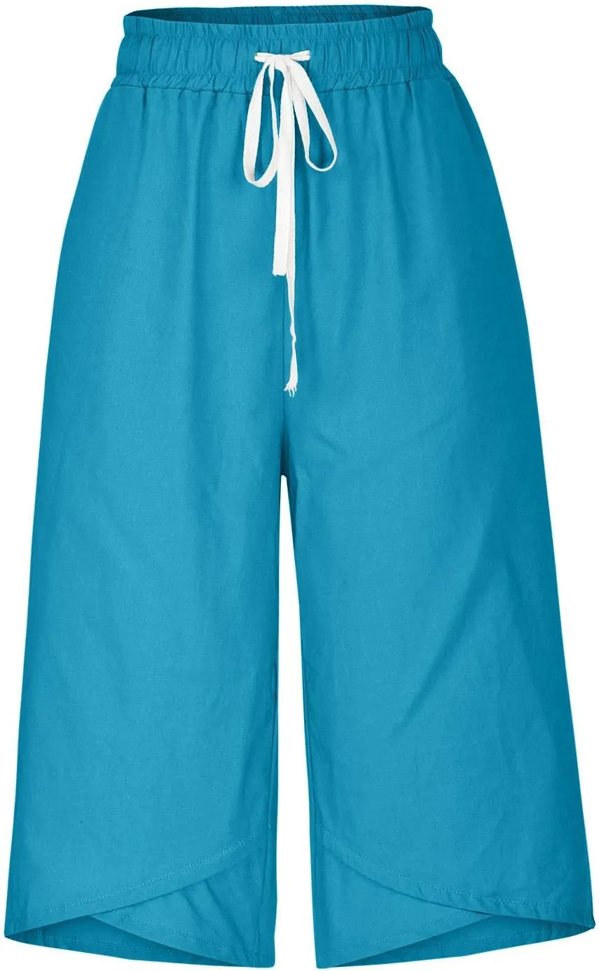 Women's Linen Capris Drawstring Knee High Loose Fitting Cropped Trouser Straight Wide Leg Pocketed Pant Casual 2025