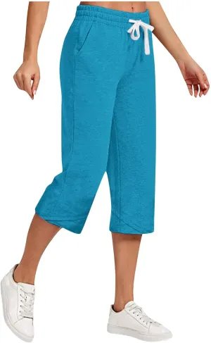 Women's Linen Capris Drawstring Knee High Loose Fitting Cropped Trouser Straight Wide Leg Pocketed Pant Casual 2025