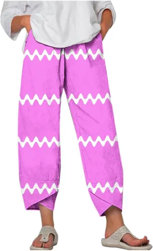 Women's Linen Cropped Pants Tapered Ankle Capris Trousers Casual Elastic Waist Sweatpant with Pockets Boho Lounge Pant