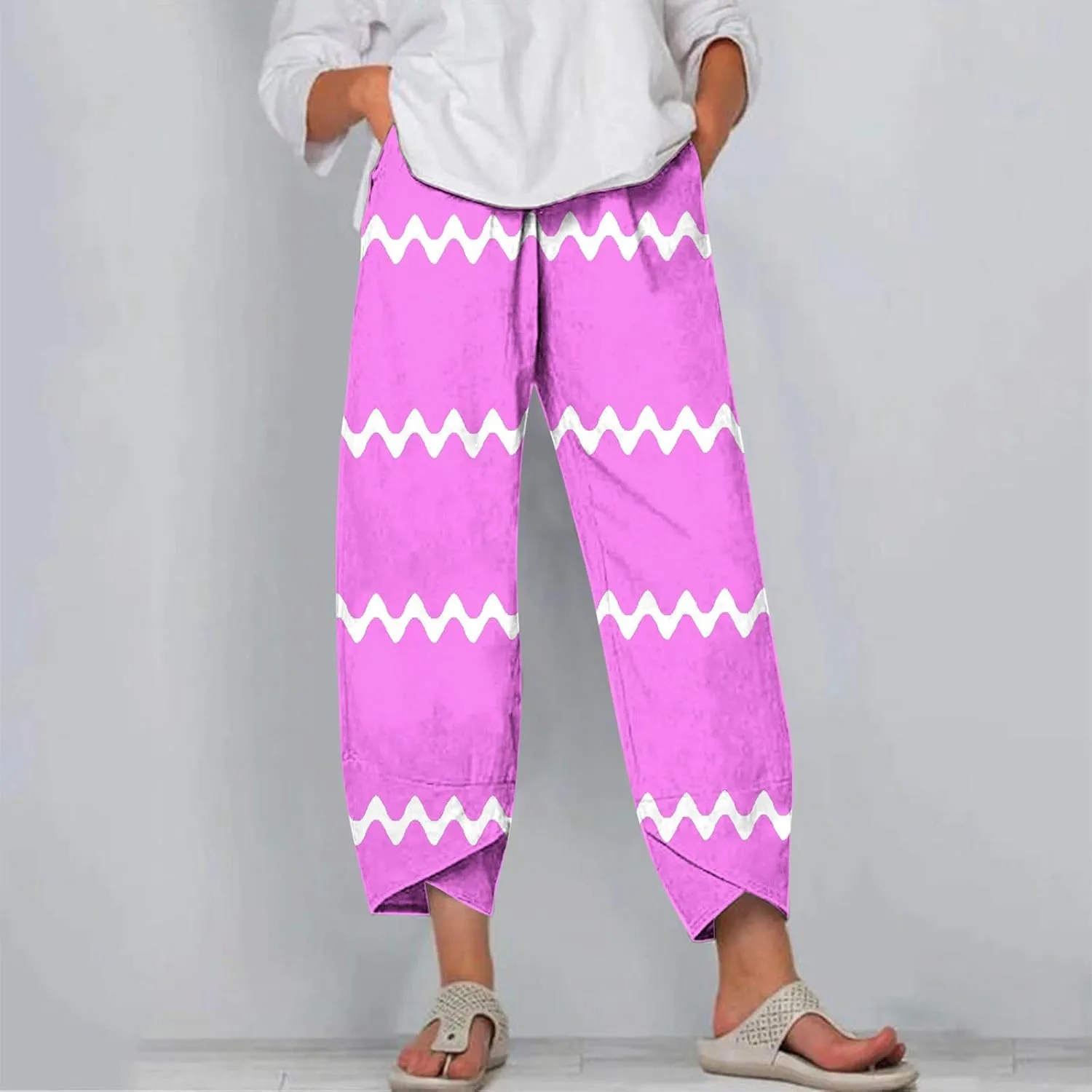 Women's Linen Cropped Pants Tapered Ankle Capris Trousers Casual Elastic Waist Sweatpant with Pockets Boho Lounge Pant