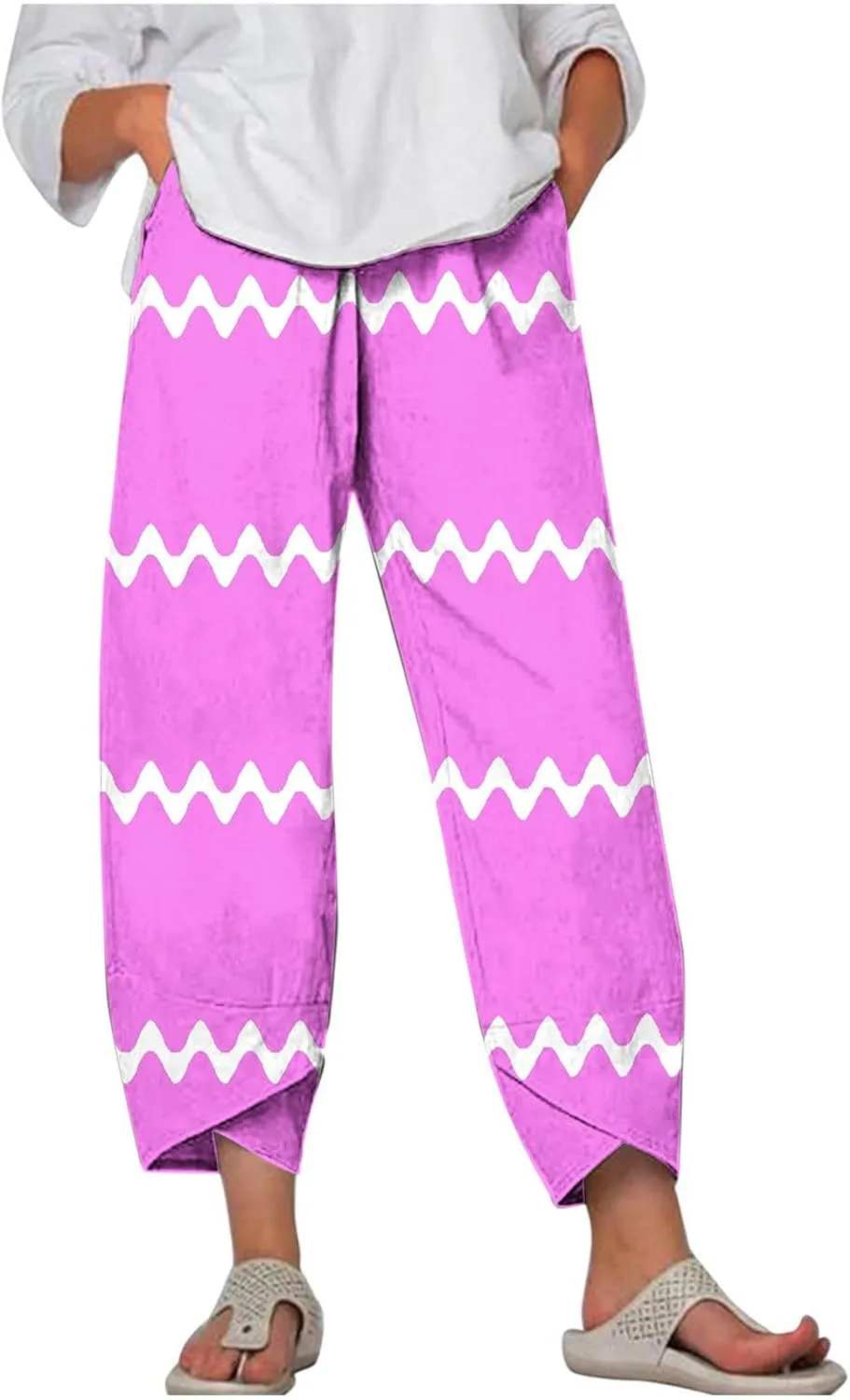 Women's Linen Cropped Pants Tapered Ankle Capris Trousers Casual Elastic Waist Sweatpant with Pockets Boho Lounge Pant