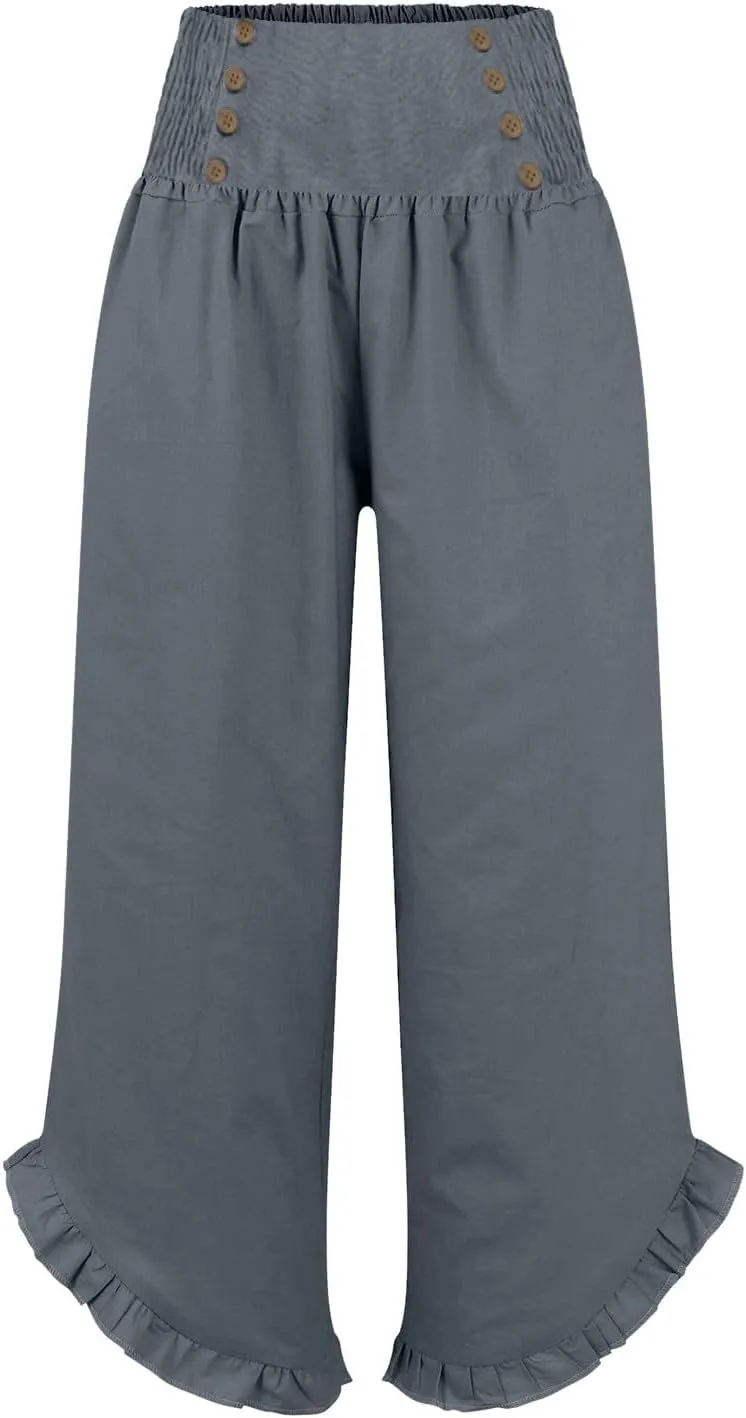 Womens Linen Pants Summer Casual Loose High Waisted Pleated Irregular Wide Leg Trousers for Casual Travel