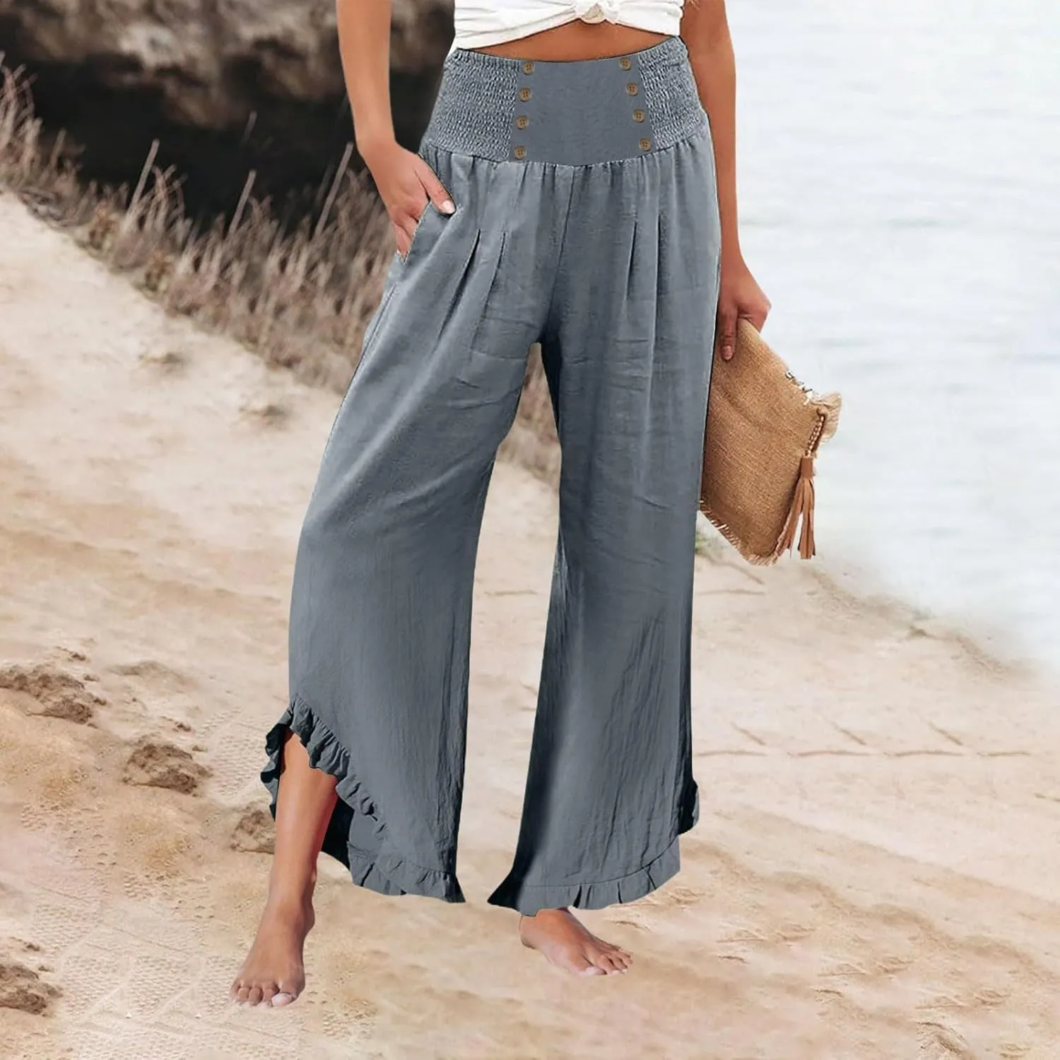Womens Linen Pants Summer Casual Loose High Waisted Pleated Irregular Wide Leg Trousers for Casual Travel