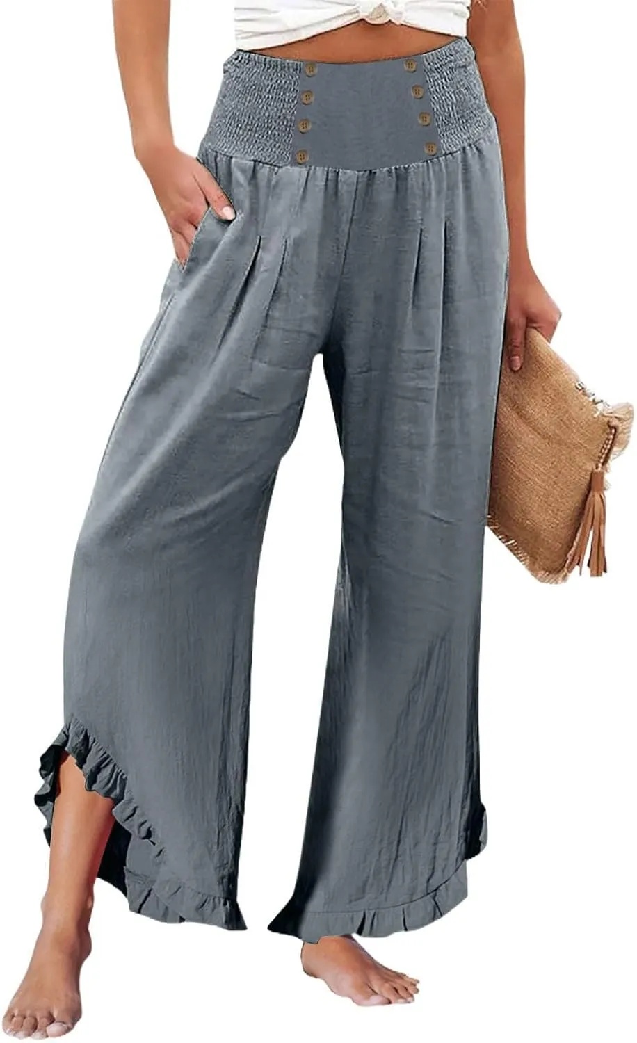 Womens Linen Pants Summer Casual Loose High Waisted Pleated Irregular Wide Leg Trousers for Casual Travel