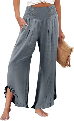 Womens Linen Pants Summer Casual Loose High Waisted Pleated Irregular Wide Leg Trousers for Casual Travel