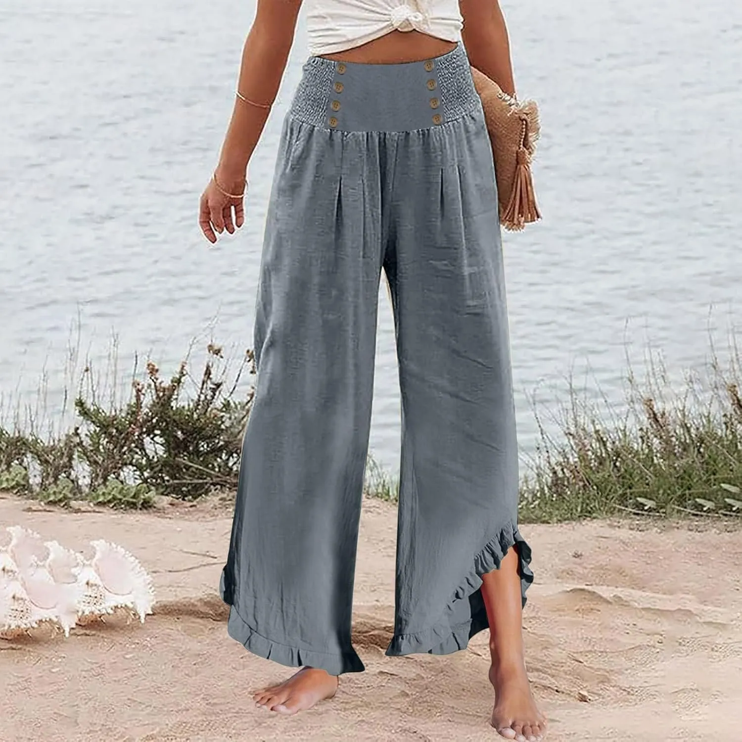 Womens Linen Pants Summer Casual Loose High Waisted Pleated Irregular Wide Leg Trousers for Casual Travel