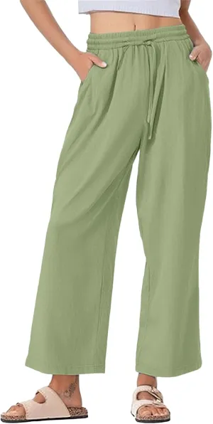 Womens Linen Pants Wide Leg Drawstring Elastic High Waist Loose Pant Lounge Casual Plus Size Summer Beach Trousers