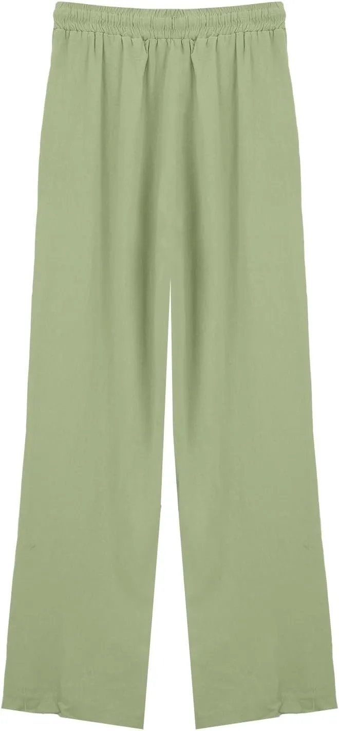 Womens Linen Pants Wide Leg Drawstring Elastic High Waist Loose Pant Lounge Casual Plus Size Summer Beach Trousers